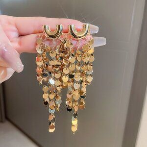 Gold Sequin Tassel Statement Earrings Glam Fringe Drop Earrings Disco Party